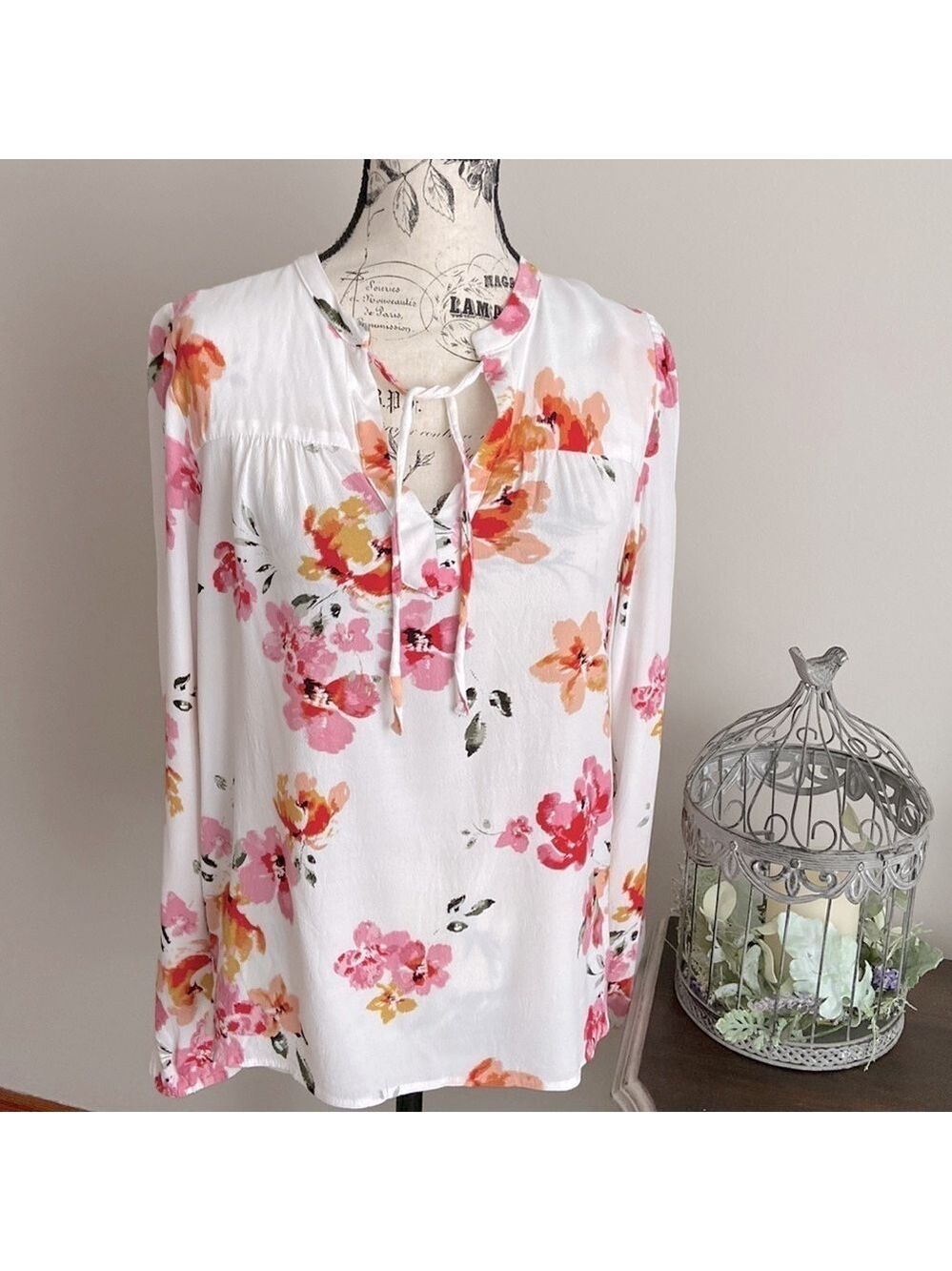 LOFT Floral Print Top Tie Front White Size M